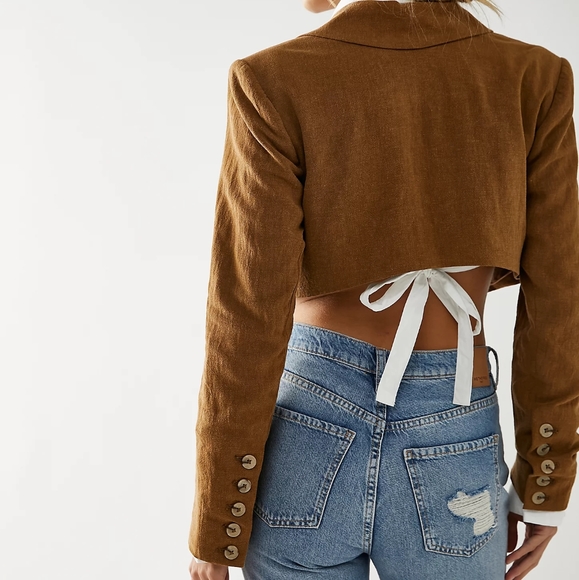 NWT Free People Olive Leaf Brown Coco Cropped Linen Blend Blazer XS - Picture 3 of 5
